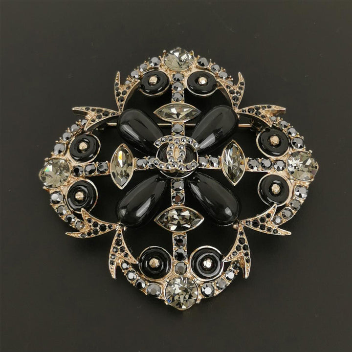 Chanel Coco Mark Bijou Rhinestone Brooch Black Gold Hardware