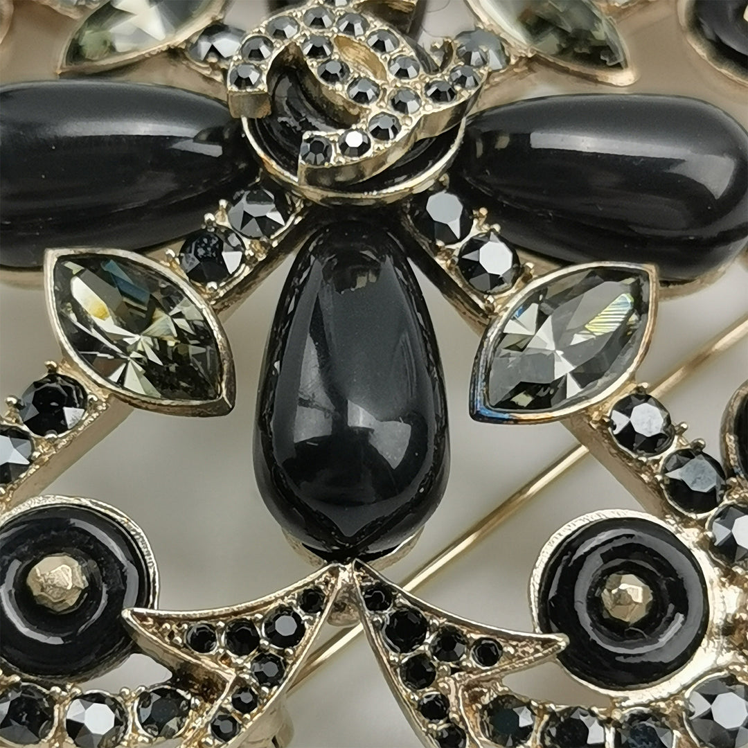 Chanel Coco Mark Bijou Rhinestone Brooch Black Gold Hardware