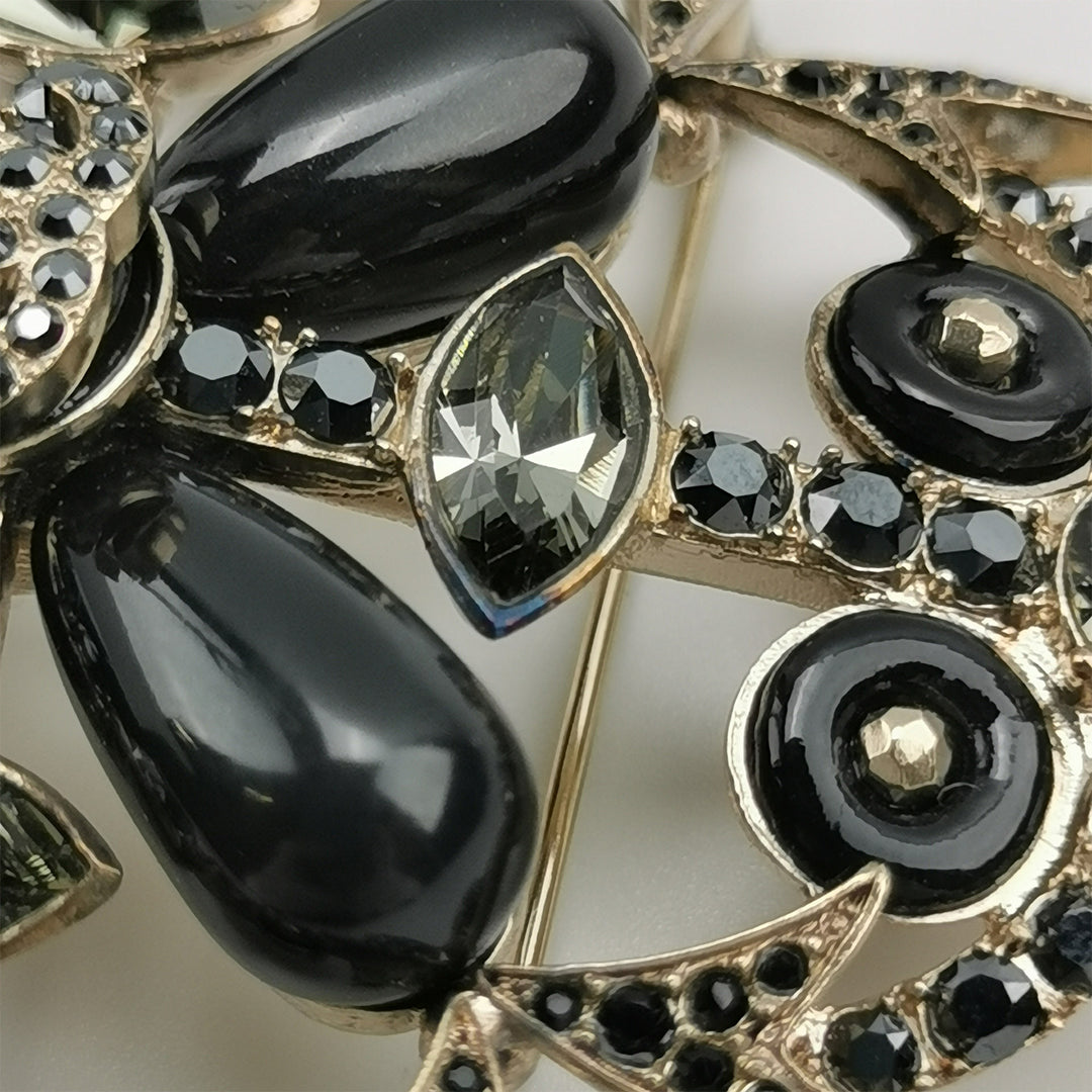 Chanel Coco Mark Bijou Rhinestone Brooch Black Gold Hardware