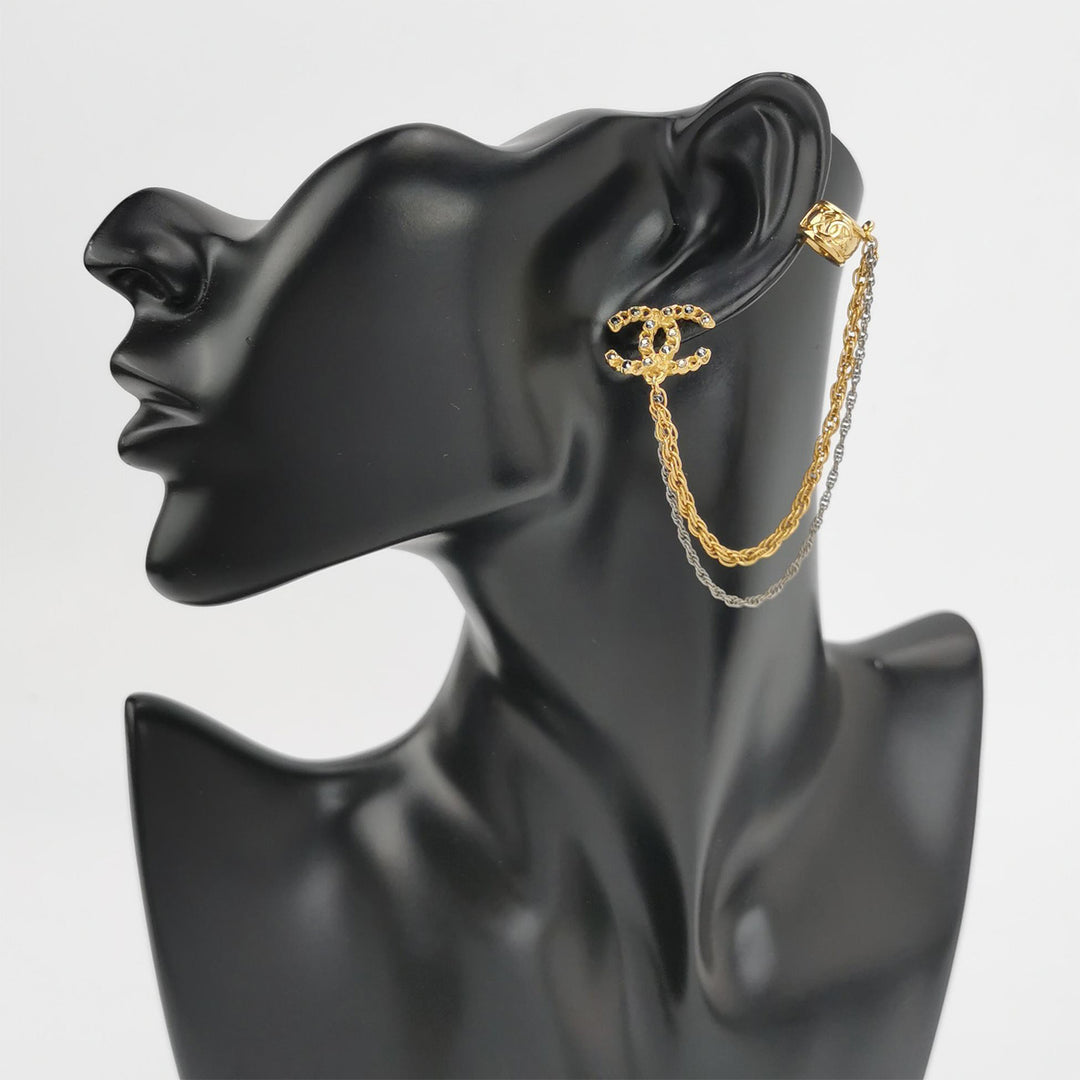 Chanel Crystal CC Chain With Ear Cuff Gold Tone 20P