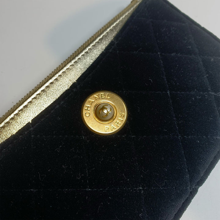 Chanel Black Quilted Velvet Clutch Gold Detail