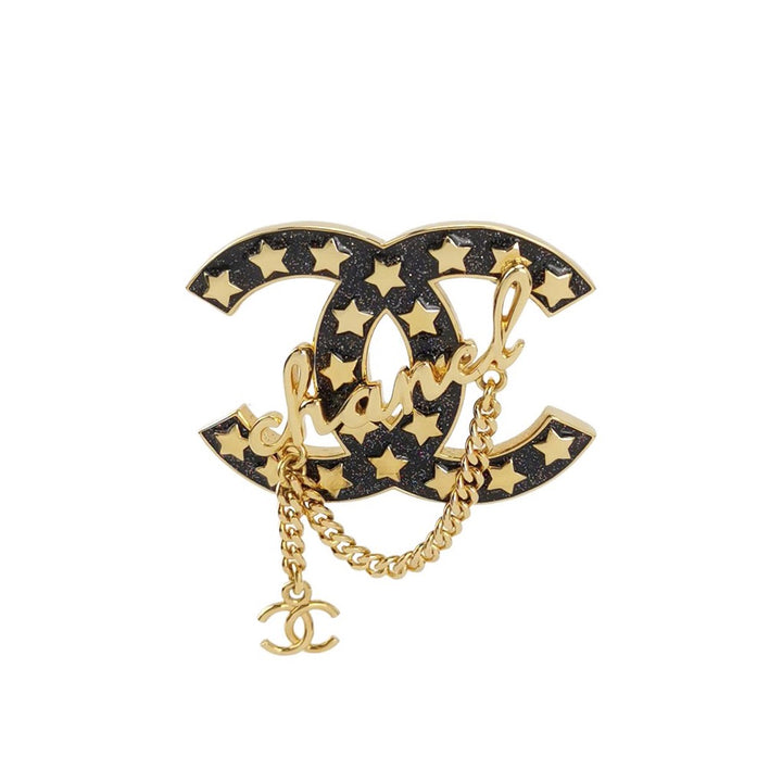 Chanel Metal Resin CC Star Chain Logo Brooch Gold Black