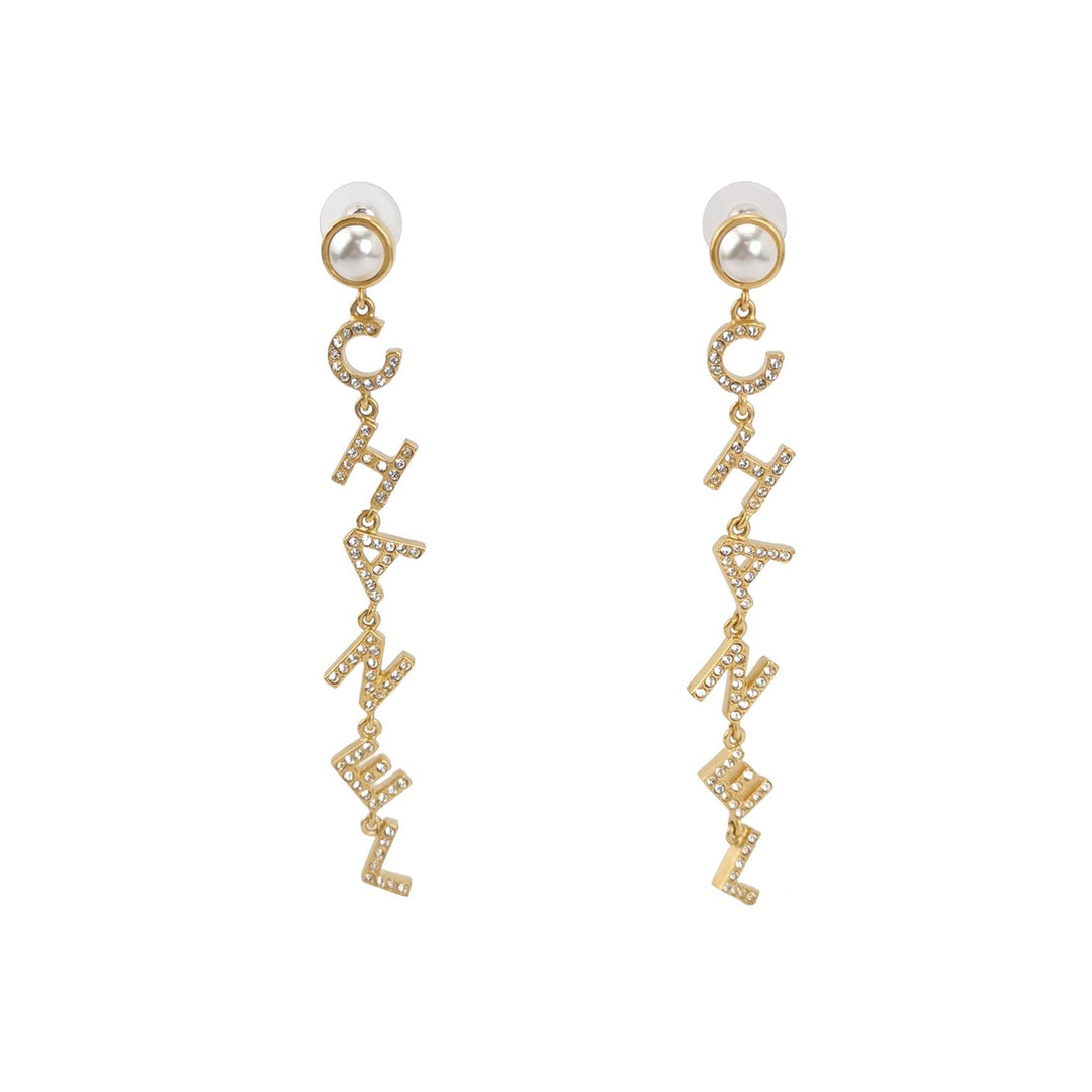 Chanel Crystal Pearl Logo Drop Dangle Earrings Gold