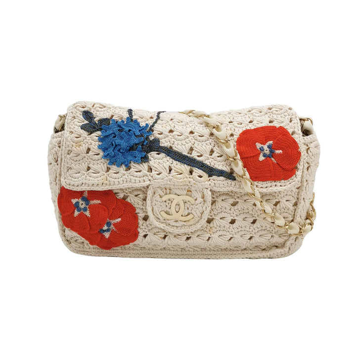 Chanel Crochet Camellia Flap Bag in White