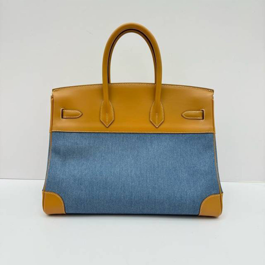 Hermes Birkin 35 Leather and Denim Handbag Gold Hardware