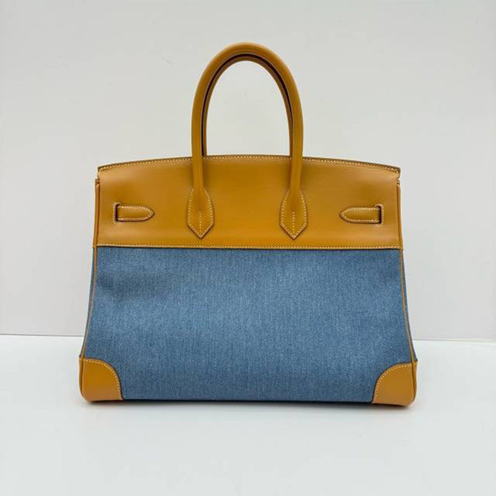 Hermes Birkin 35 Leather and Denim Handbag Gold Hardware