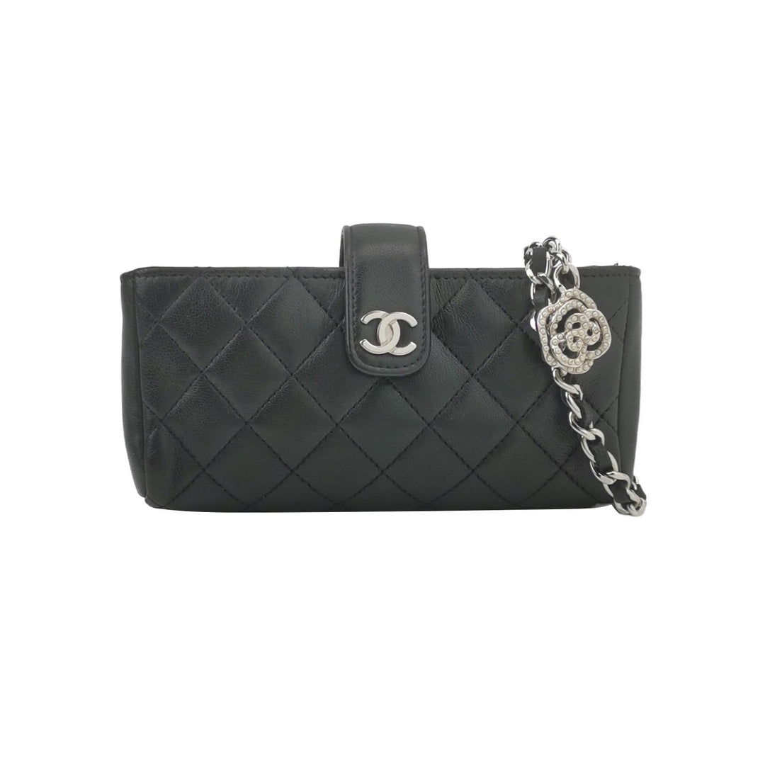 Chanel Valentine Crystal Charms Mini Phone Holder Crossbody Bag in Black Leather