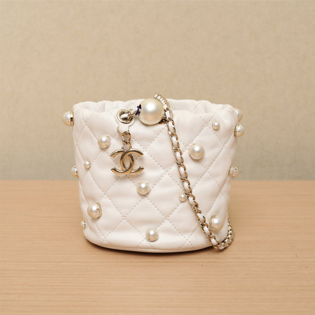 Chanel 2021 Mini Pearl Drawstring Bag in White with Gold Hardware