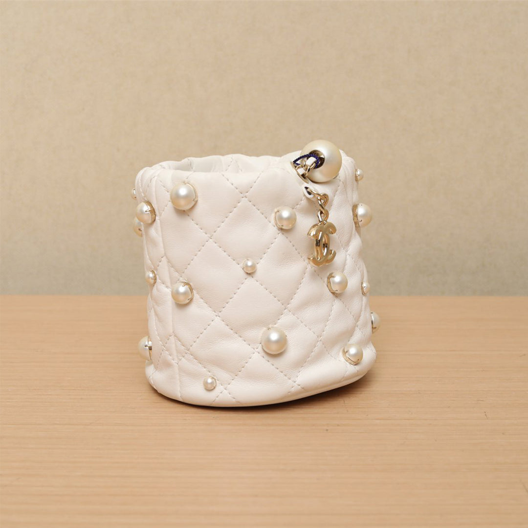 Chanel 2021 Mini Pearl Drawstring Bag in White with Gold Hardware