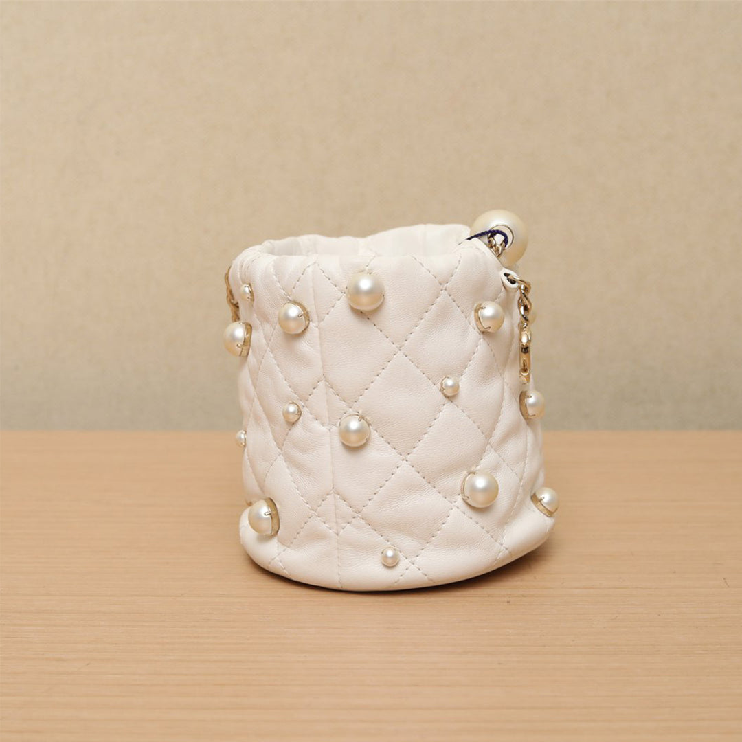 Chanel 2021 Mini Pearl Drawstring Bag in White with Gold Hardware