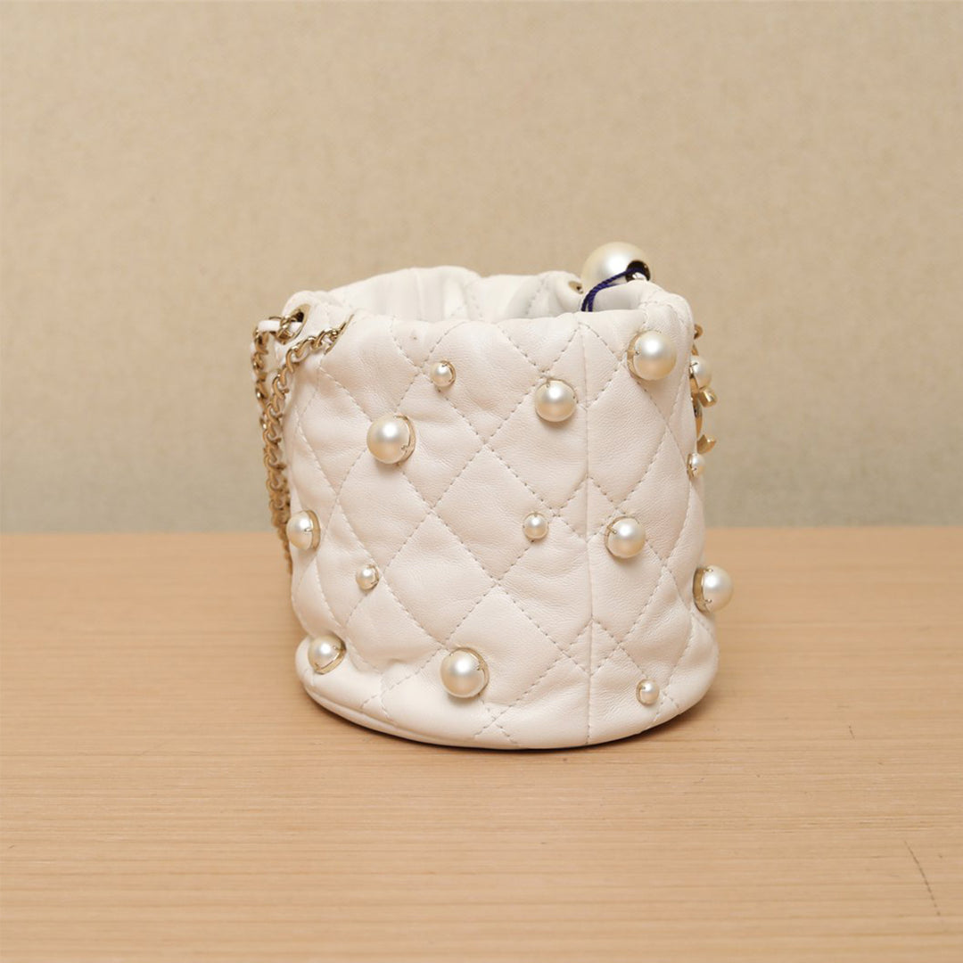 Chanel 2021 Mini Pearl Drawstring Bag in White with Gold Hardware