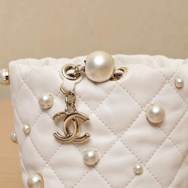 Chanel 2021 Mini Pearl Drawstring Bag in White with Gold Hardware