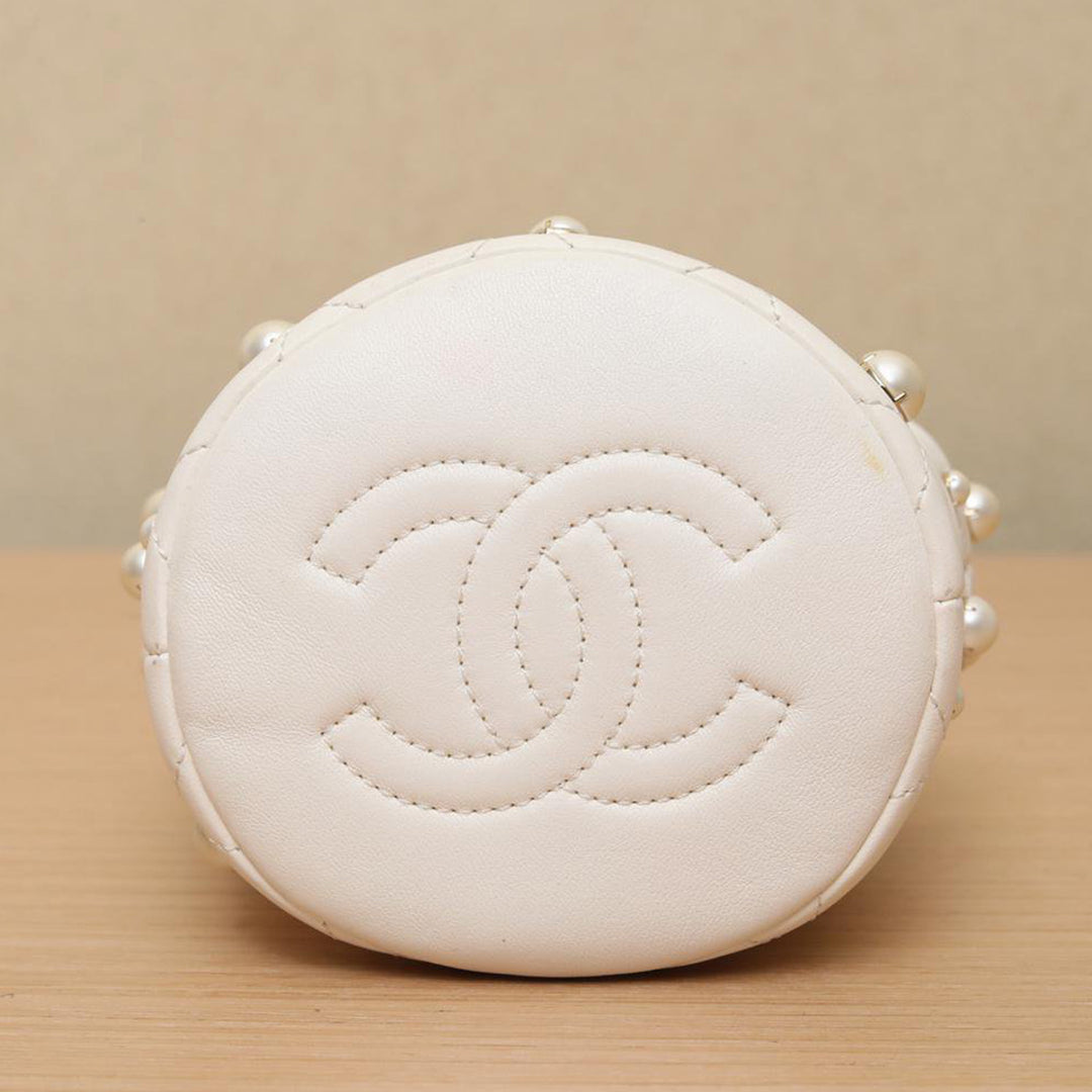 Chanel 2021 Mini Pearl Drawstring Bag in White with Gold Hardware