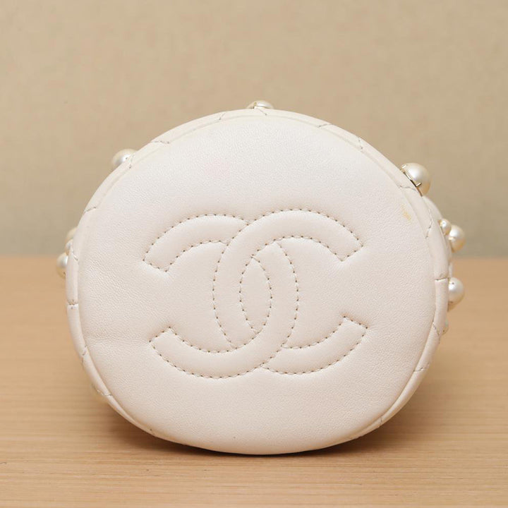 Chanel 2021 Mini Pearl Drawstring Bag in White with Gold Hardware