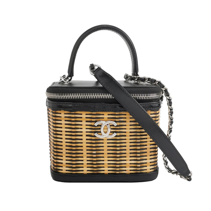 Chanel Take Away Vanity Case in Black Calfskin and Beige Raffia Rattan