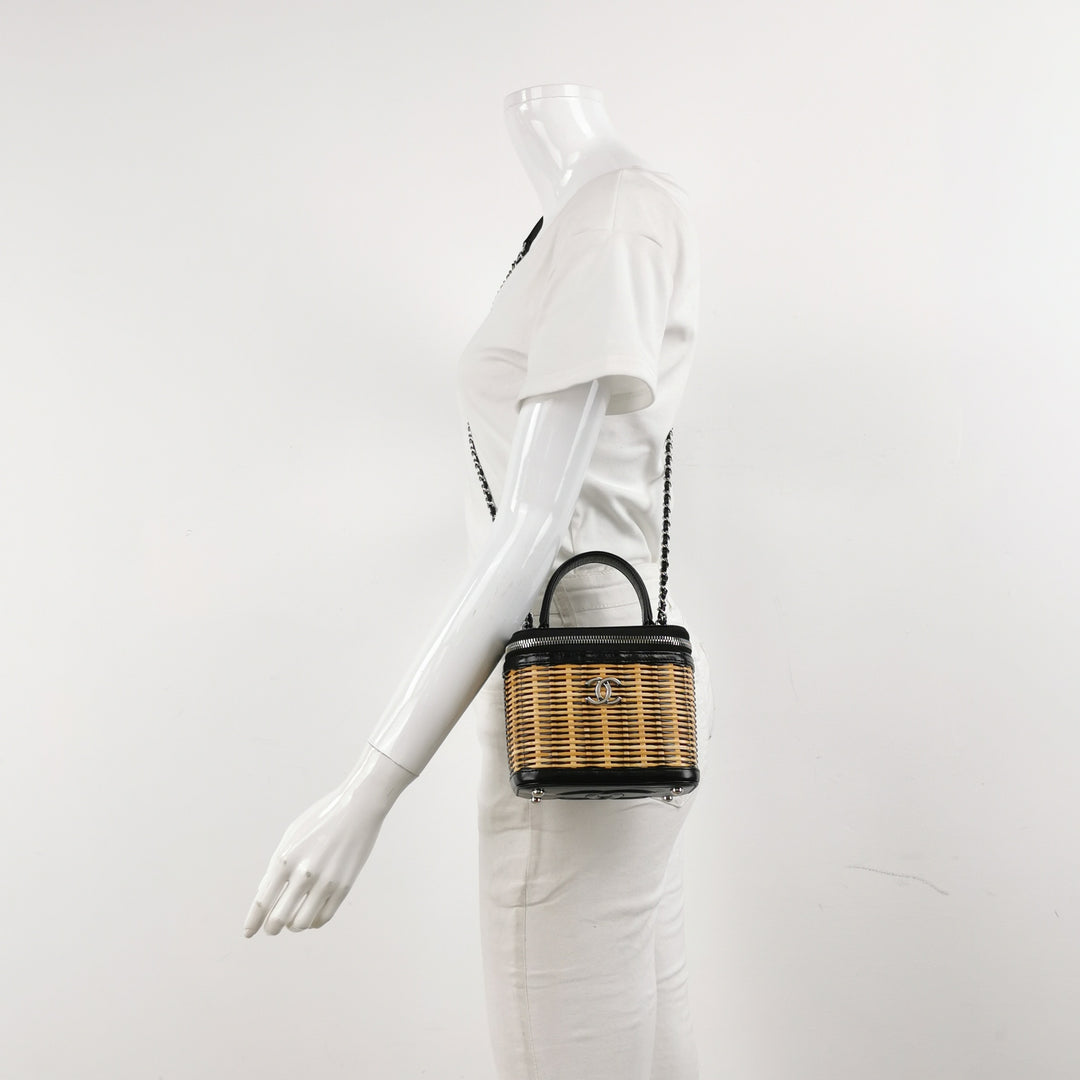 Chanel Take Away Vanity Case in Black Calfskin and Beige Raffia Rattan