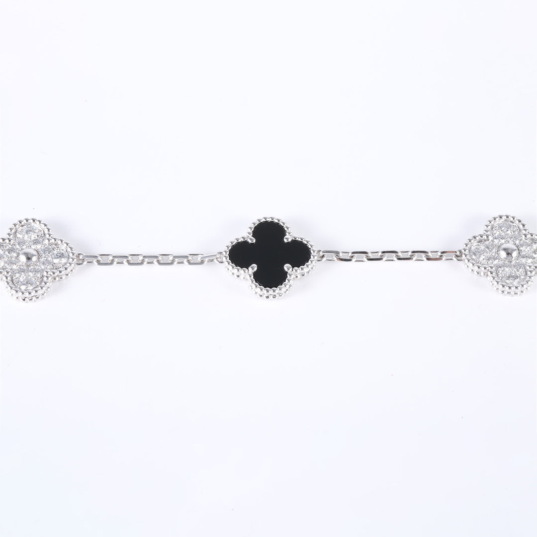 Van Cleef & Arpels 18K White Gold Diamond Black Onyx 5 Motifs Vintage Alhambra Bracelet