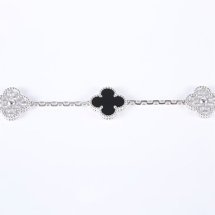 Van Cleef & Arpels 18K White Gold Diamond Black Onyx 5 Motifs Vintage Alhambra Bracelet