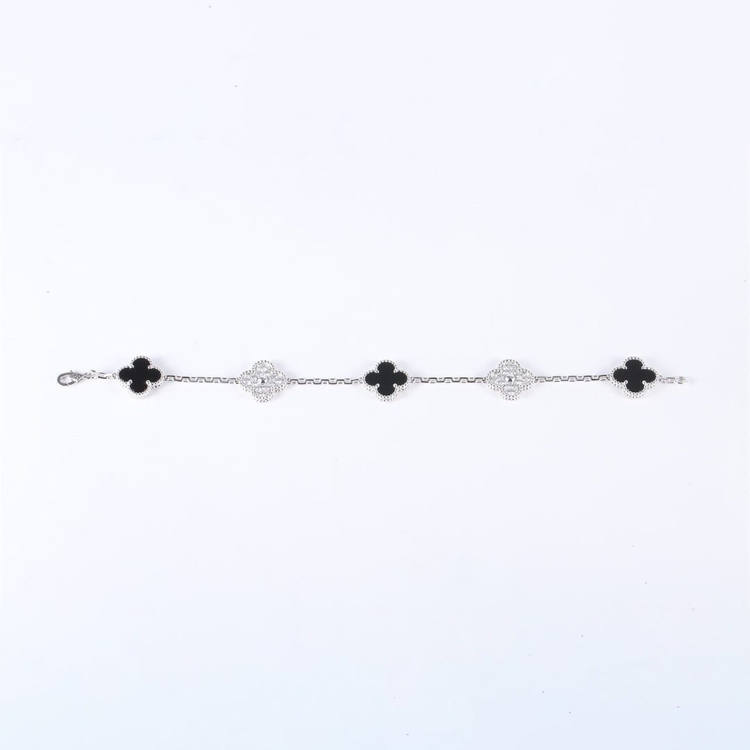 Van Cleef & Arpels 18K White Gold Diamond Black Onyx 5 Motifs Vintage Alhambra Bracelet