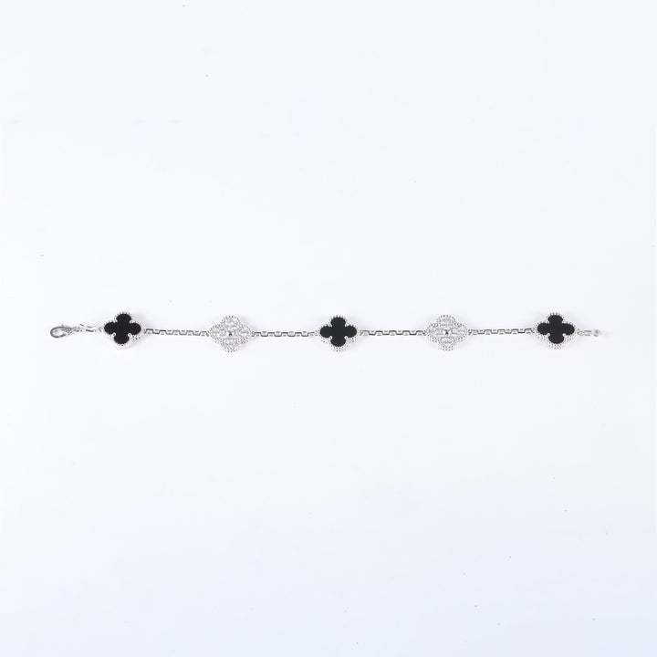 Van Cleef & Arpels 18K White Gold Diamond Black Onyx 5 Motifs Vintage Alhambra Bracelet