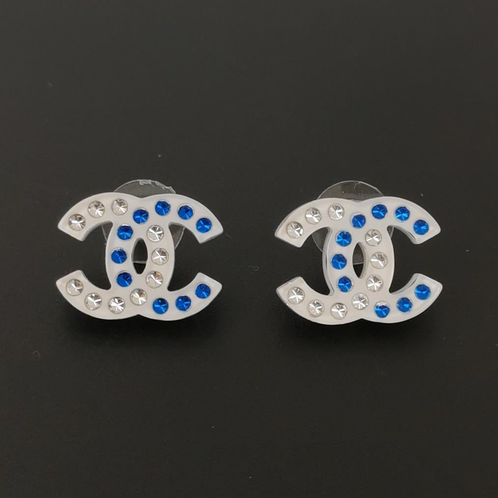 Chanel D19 CC Logo Studs Blue White Stones