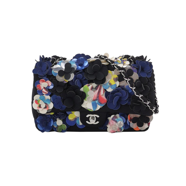 Chanel Classic Camellia Single Flap Bag Medium Neoprene Black