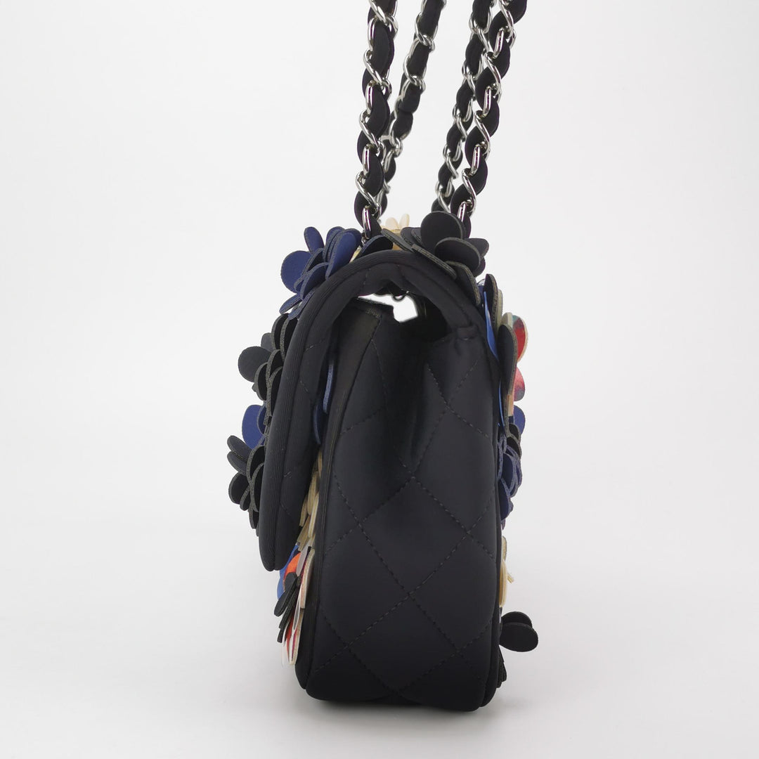 Chanel Classic Camellia Single Flap Bag Medium Neoprene Black