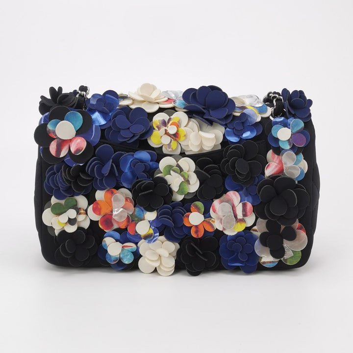 Chanel Classic Camellia Single Flap Bag Medium Neoprene Black