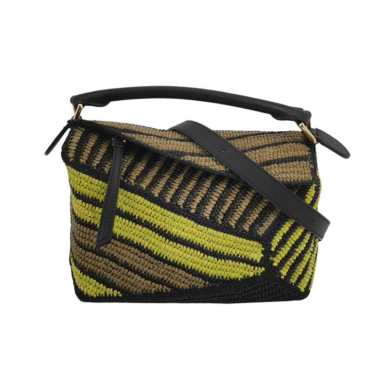Loewe Small Puzzle Bag Raffia and Calfskin Anise Olive Gold Hardware