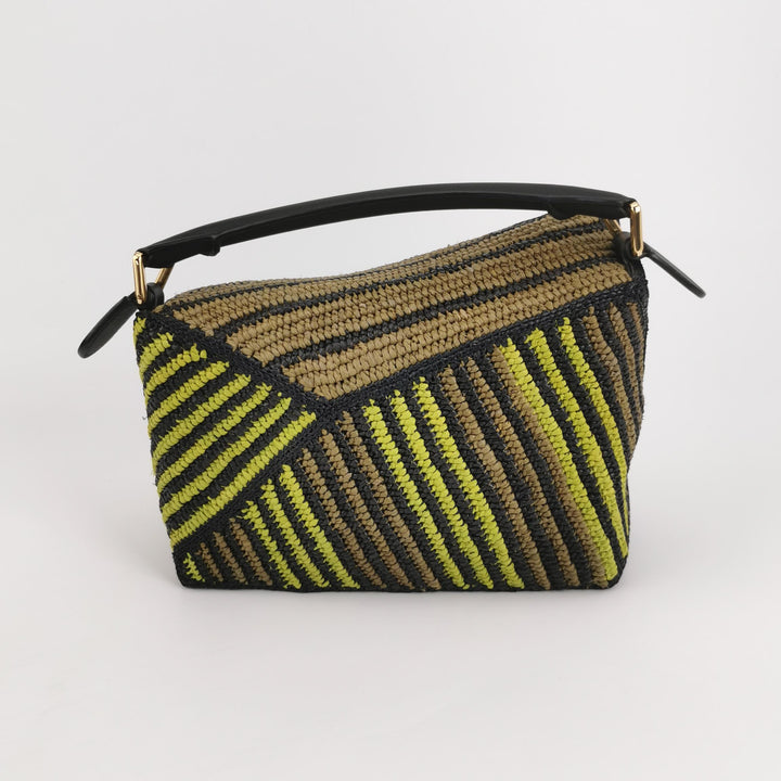 Loewe Small Puzzle Bag Raffia and Calfskin Anise Olive Gold Hardware