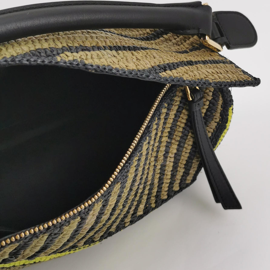Loewe Small Puzzle Bag Raffia and Calfskin Anise Olive Gold Hardware