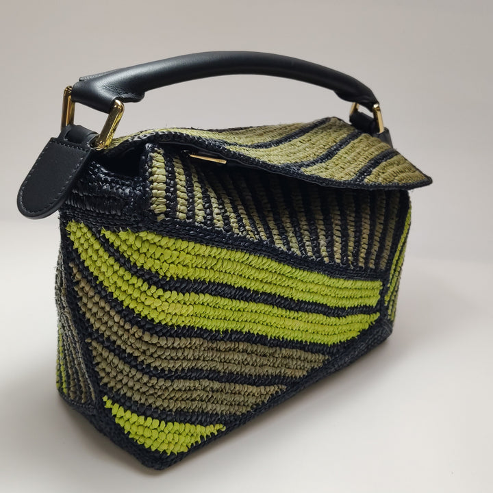 Loewe Small Puzzle Bag Raffia and Calfskin Anise Olive Gold Hardware
