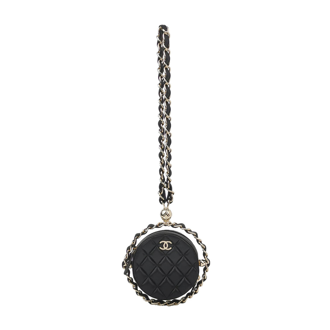 Chanel Quilted Chain Round Mini Clutch Lambskin Black Gold Hardware