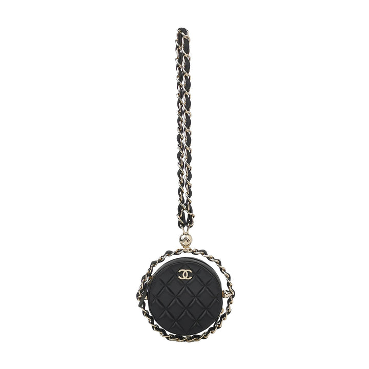 Chanel Quilted Chain Round Mini Clutch Lambskin Black Gold Hardware