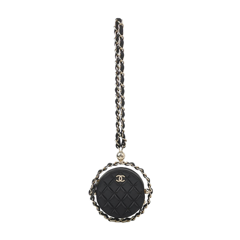 Chanel Quilted Chain Round Mini Clutch Lambskin Black Gold Hardware