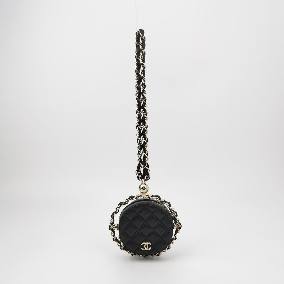 Chanel Quilted Chain Round Mini Clutch Lambskin Black Gold Hardware