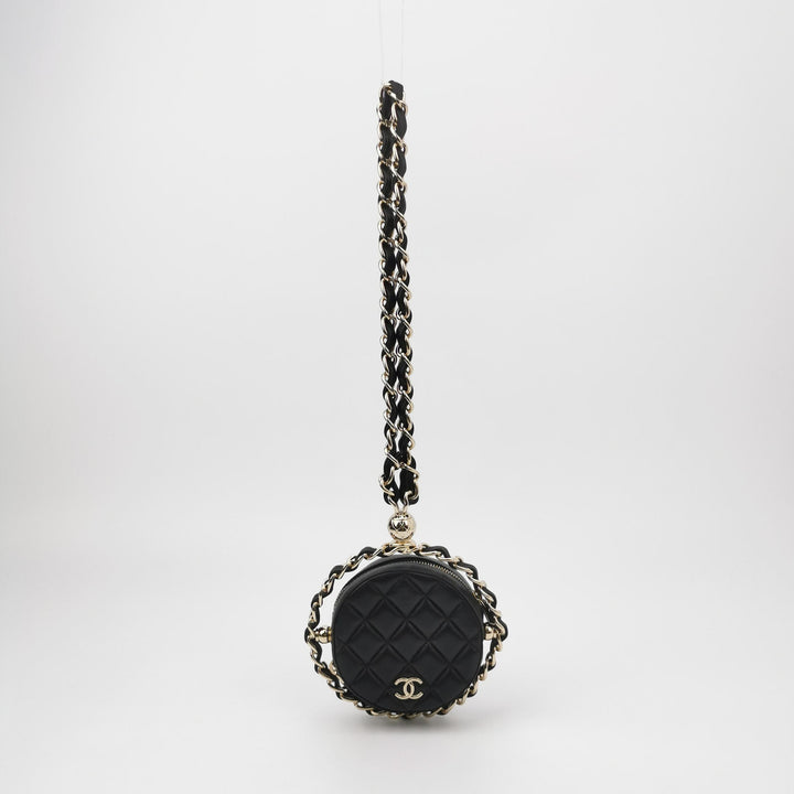 Chanel Quilted Chain Round Mini Clutch Lambskin Black Gold Hardware