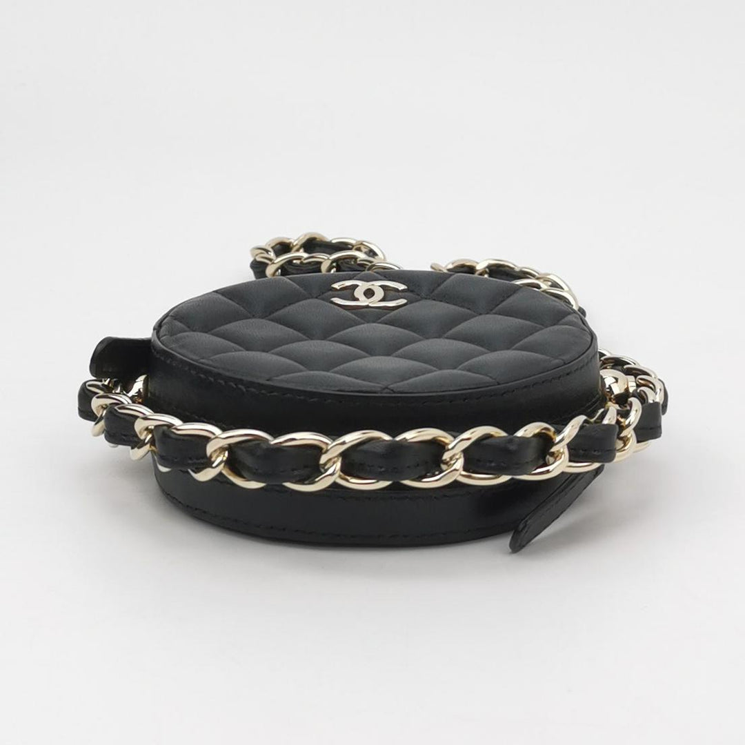 Chanel Quilted Chain Round Mini Clutch Lambskin Black Gold Hardware