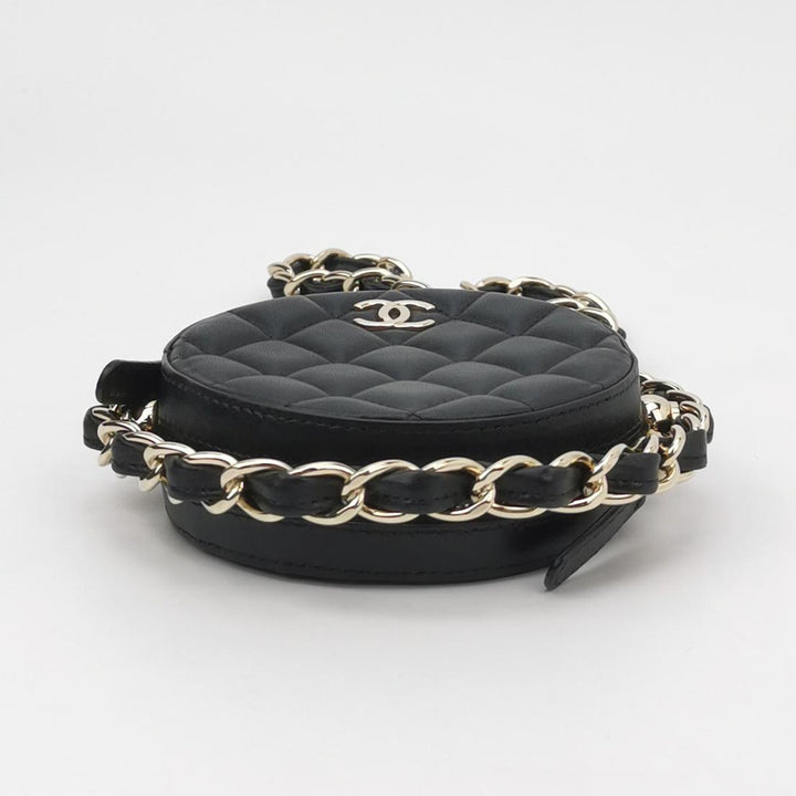 Chanel Quilted Chain Round Mini Clutch Lambskin Black Gold Hardware