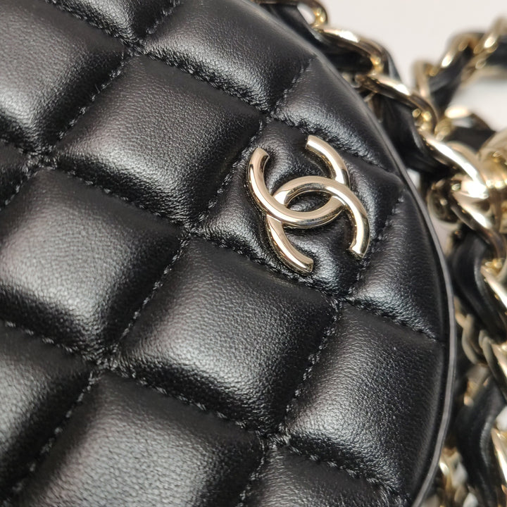 Chanel Quilted Chain Round Mini Clutch Lambskin Black Gold Hardware