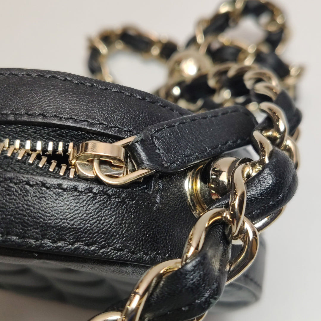 Chanel Quilted Chain Round Mini Clutch Lambskin Black Gold Hardware