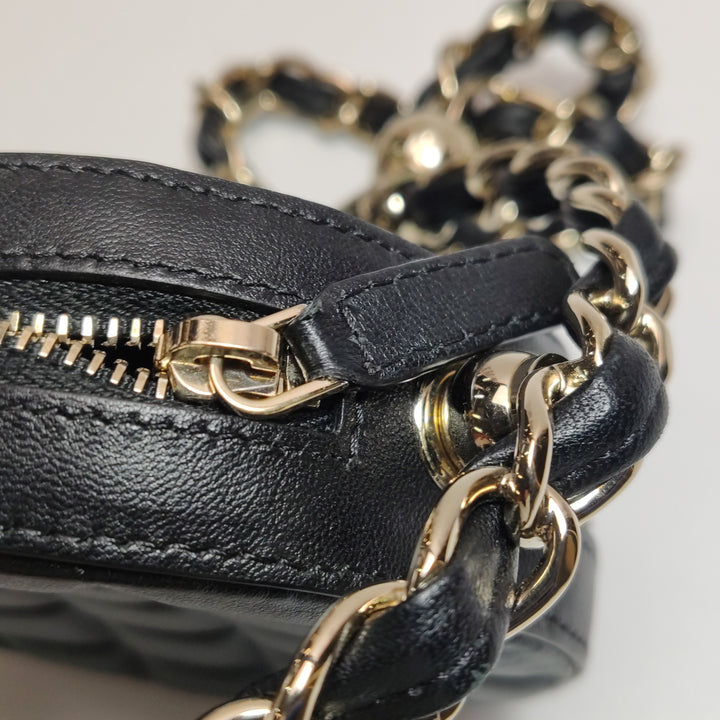 Chanel Quilted Chain Round Mini Clutch Lambskin Black Gold Hardware