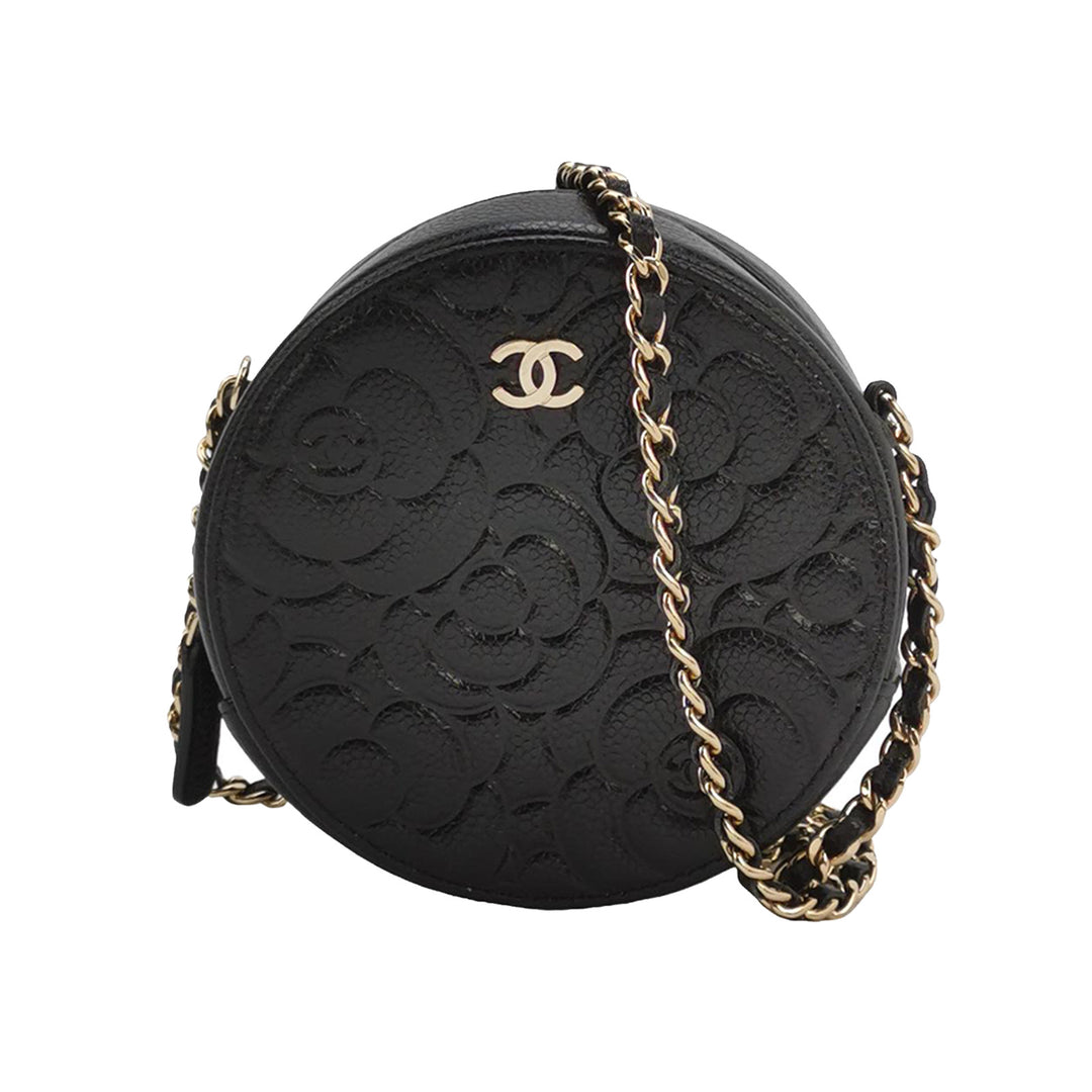 Chanel Camellia Round Clutch with Chain Mini Caviar Black Gold Hardware