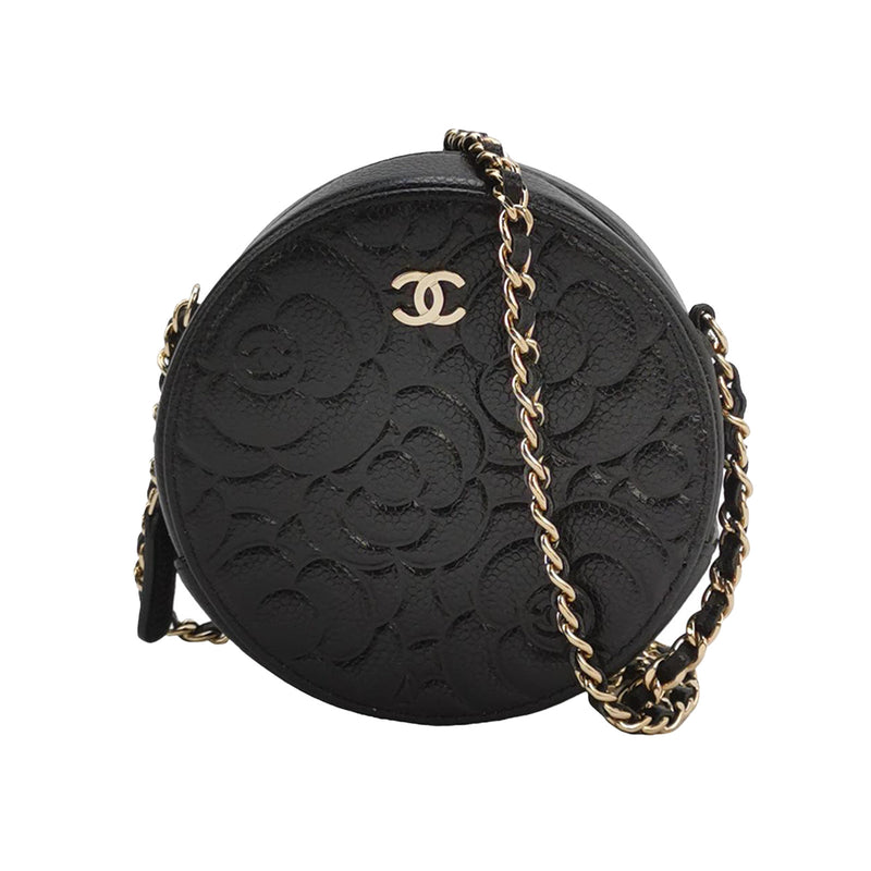 Chanel Camellia Round Clutch with Chain Mini Caviar Black Gold Hardware