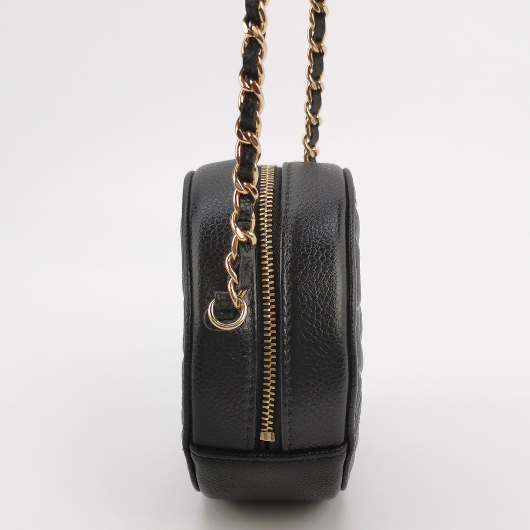 Chanel Camellia Round Clutch with Chain Mini Caviar Black Gold Hardware