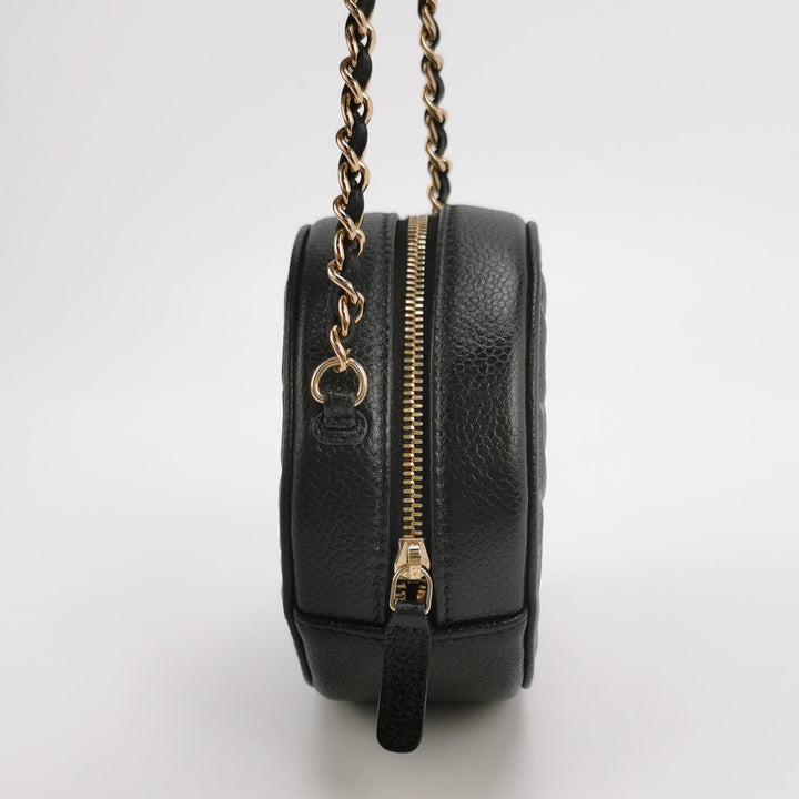 Chanel Camellia Round Clutch with Chain Mini Caviar Black Gold Hardware