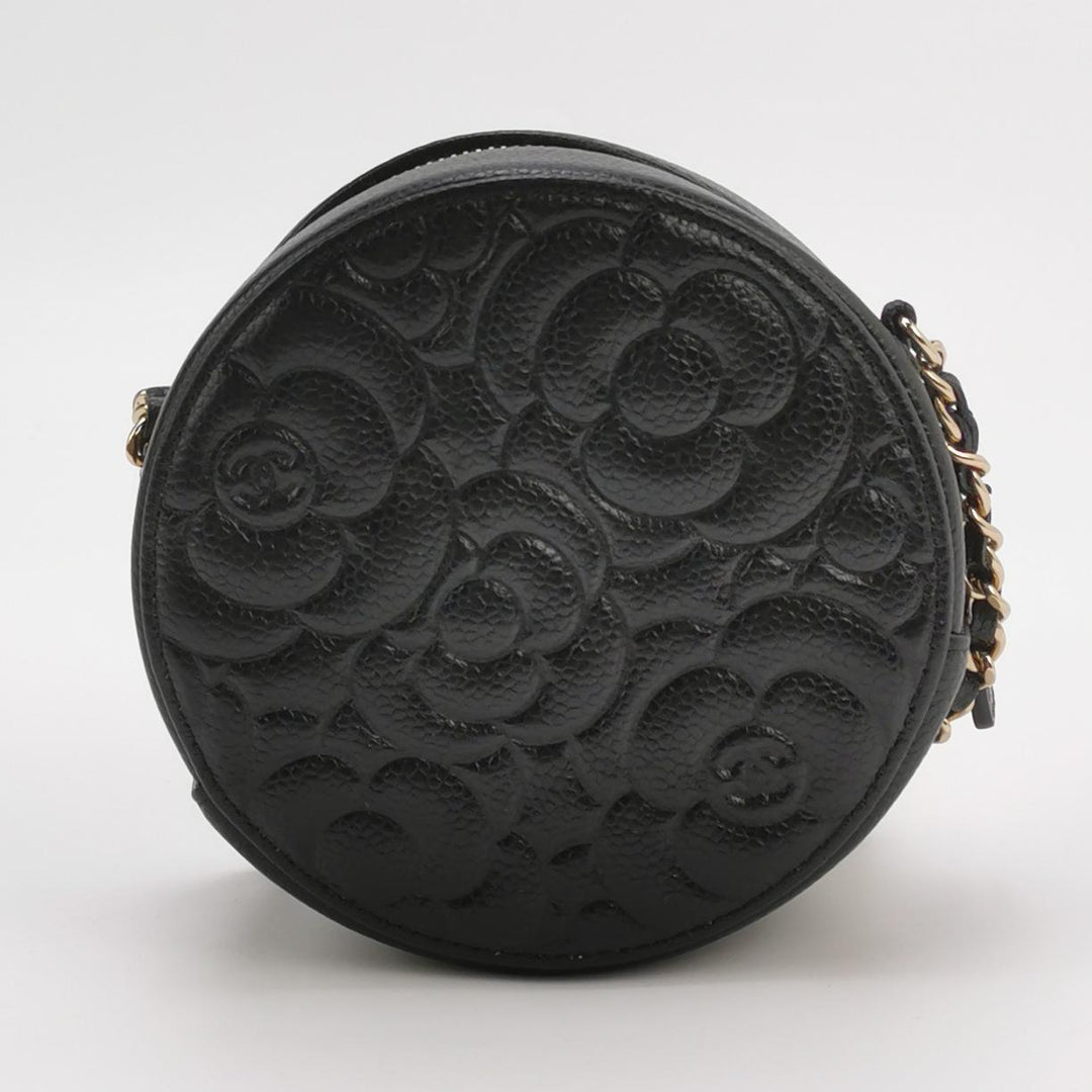Chanel Camellia Round Clutch with Chain Mini Caviar Black Gold Hardware