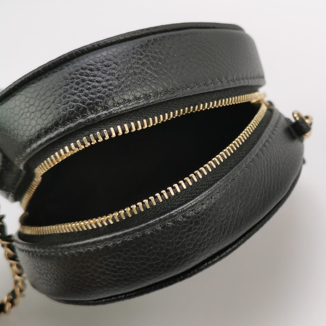 Chanel Camellia Round Clutch with Chain Mini Caviar Black Gold Hardware