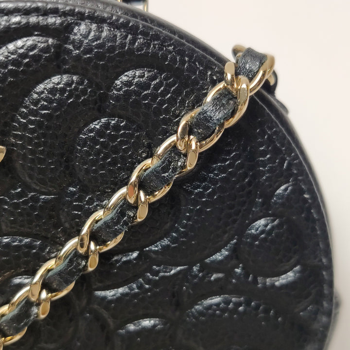 Chanel Camellia Round Clutch with Chain Mini Caviar Black Gold Hardware
