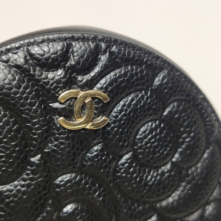 Chanel Camellia Round Clutch with Chain Mini Caviar Black Gold Hardware